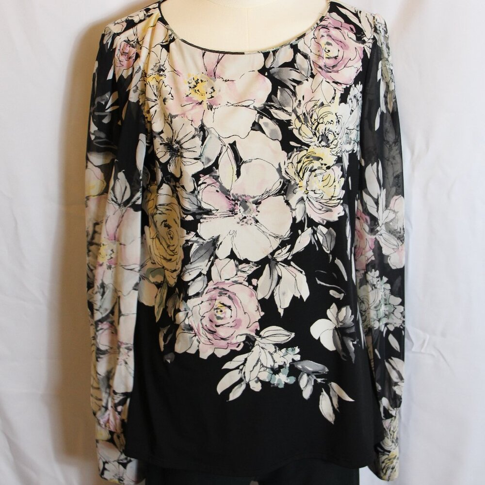 White House Black Market Floral Print Long Sleeve Blouse Women's Large